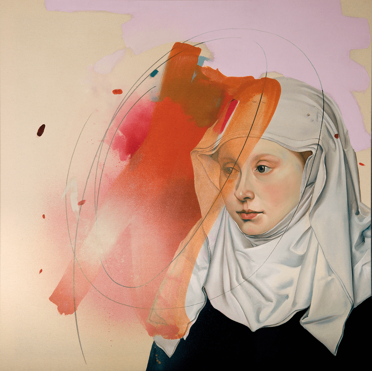 Anja Wülfing Portrait after Robert Campin, 2020 Oil, Acrylic, Marker on Canvas 100 x 100 cm (39,4 x 39,4 in) © The Artist