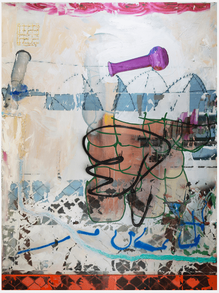 Andrew Dubach Popular Violence, 2020 Acrylic, image transfer and collage on canvas 63 in x 48 in © The Artist