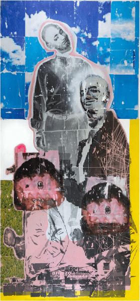Andrew Dubach The Ascension of Jeff Bezos, 2020 Acrylic, aerosol and image transfer on canvas 86 in x 40 in © The Artist