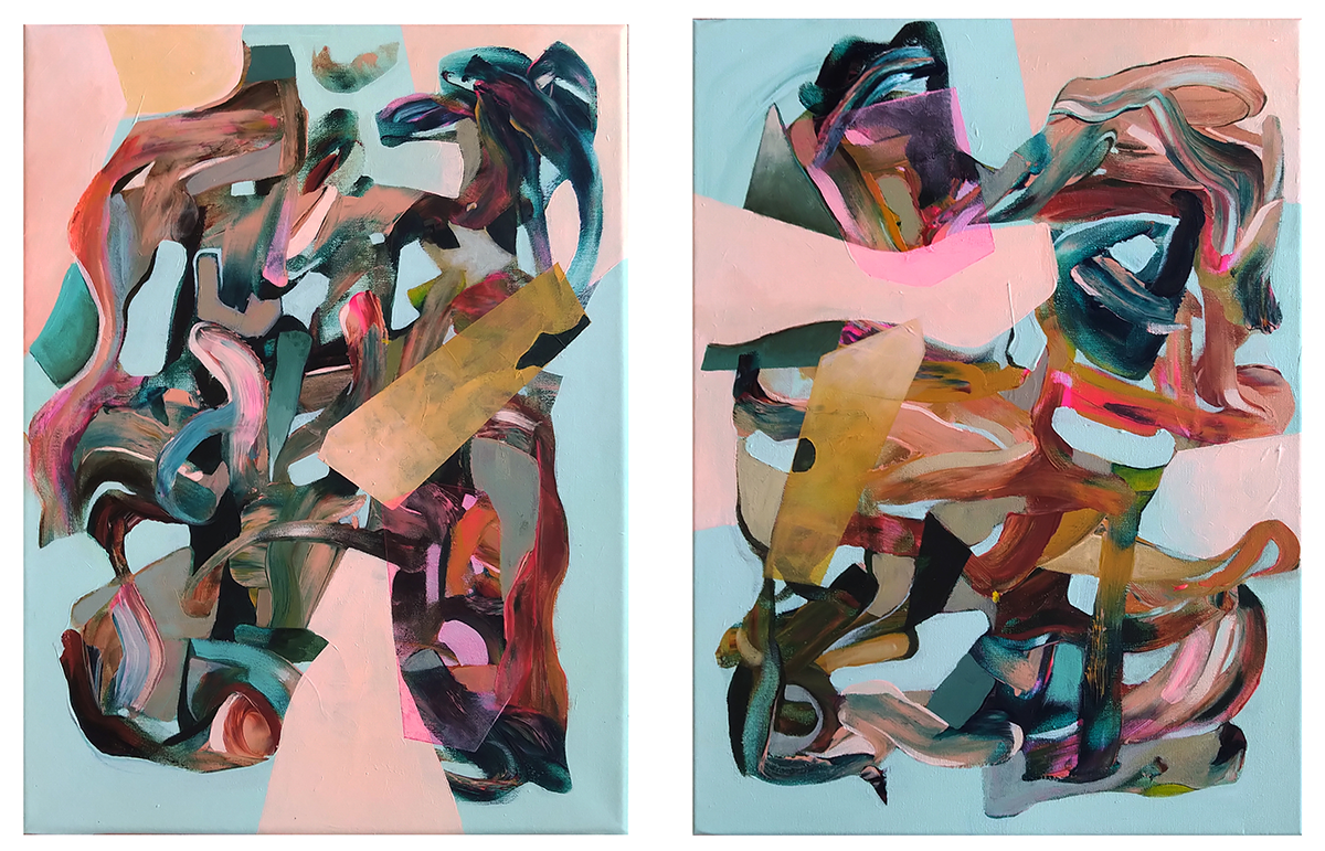 Marleen Pennings I Think I Got It. Stop Talking., 2020 Acrylic on canvas 2 Panels, each 30 cm x 40 cm © The Artist