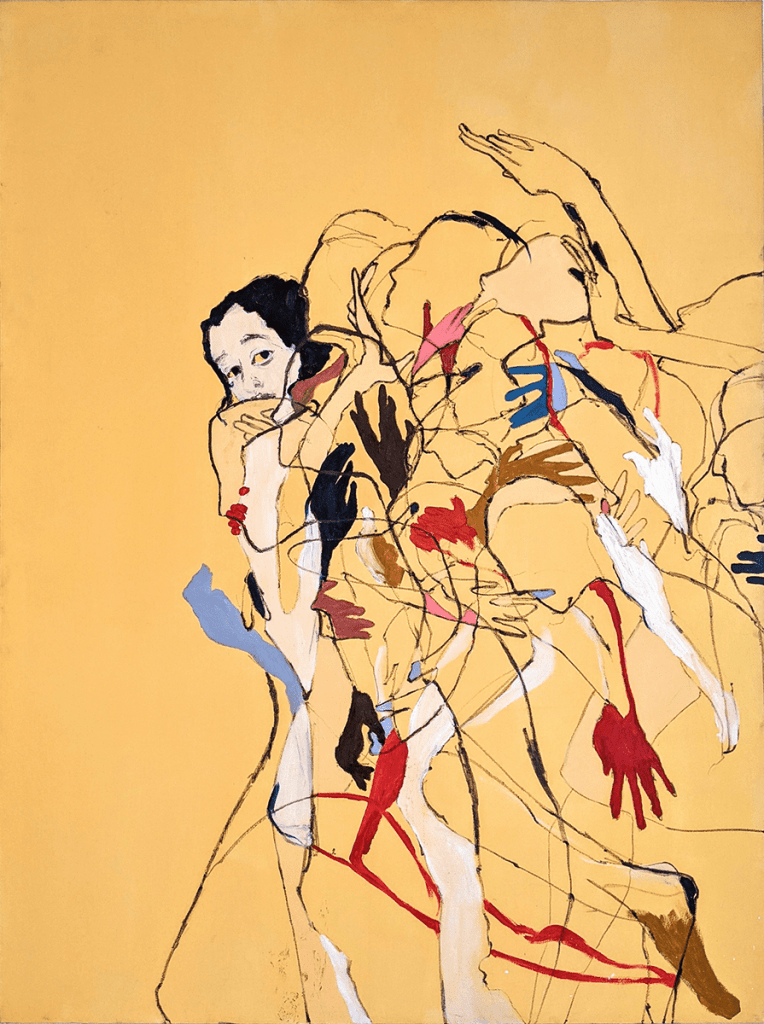 Morag Caister Late for School with Things on The Mind, 2018 Oil, Acrylic and Crayon on canvas 135cm x 100cm © The Artist